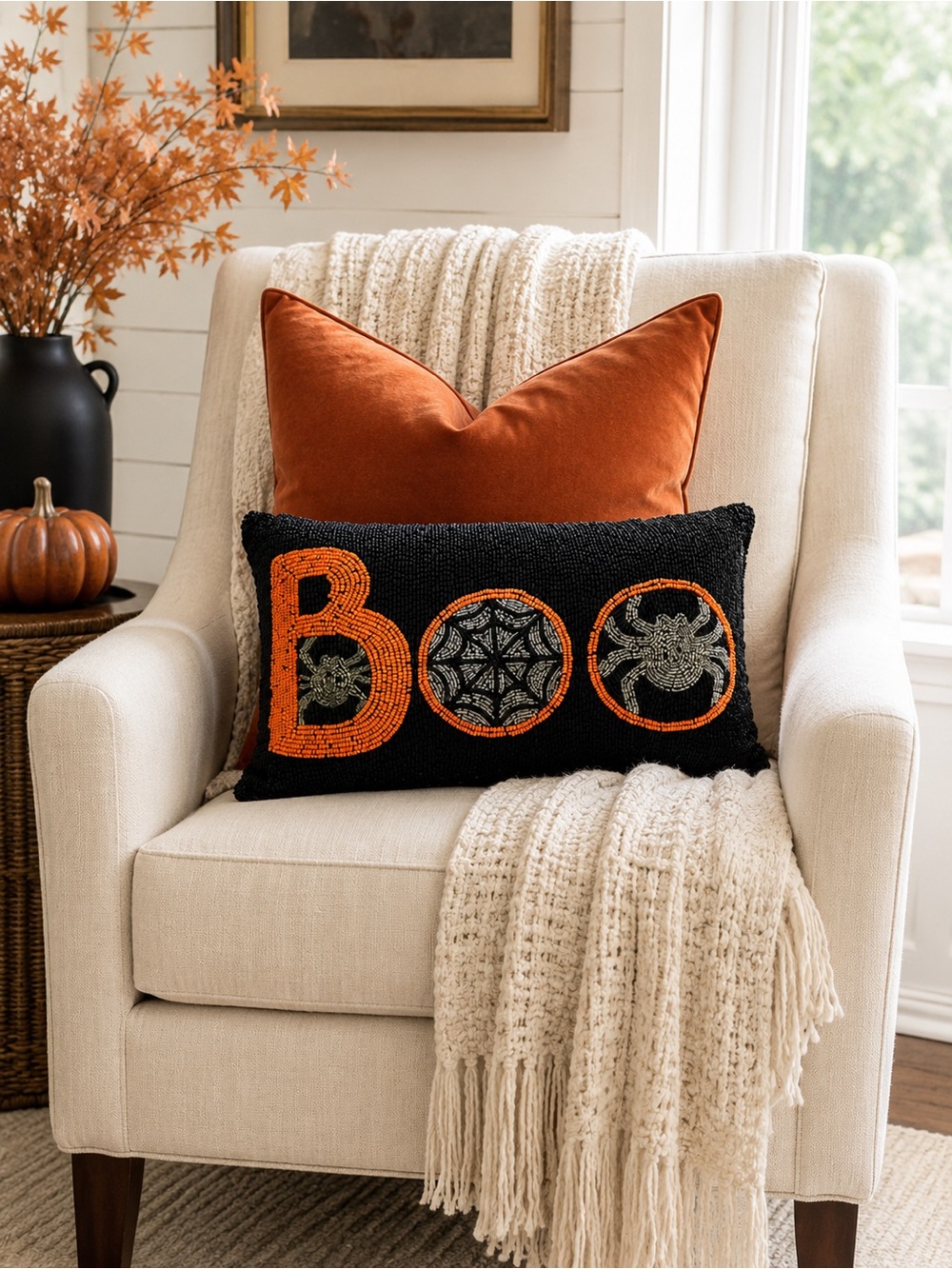 NWT WOWW Living Beaded “BOO” Spider Web Halloween Lumbar Pillow Black Orange